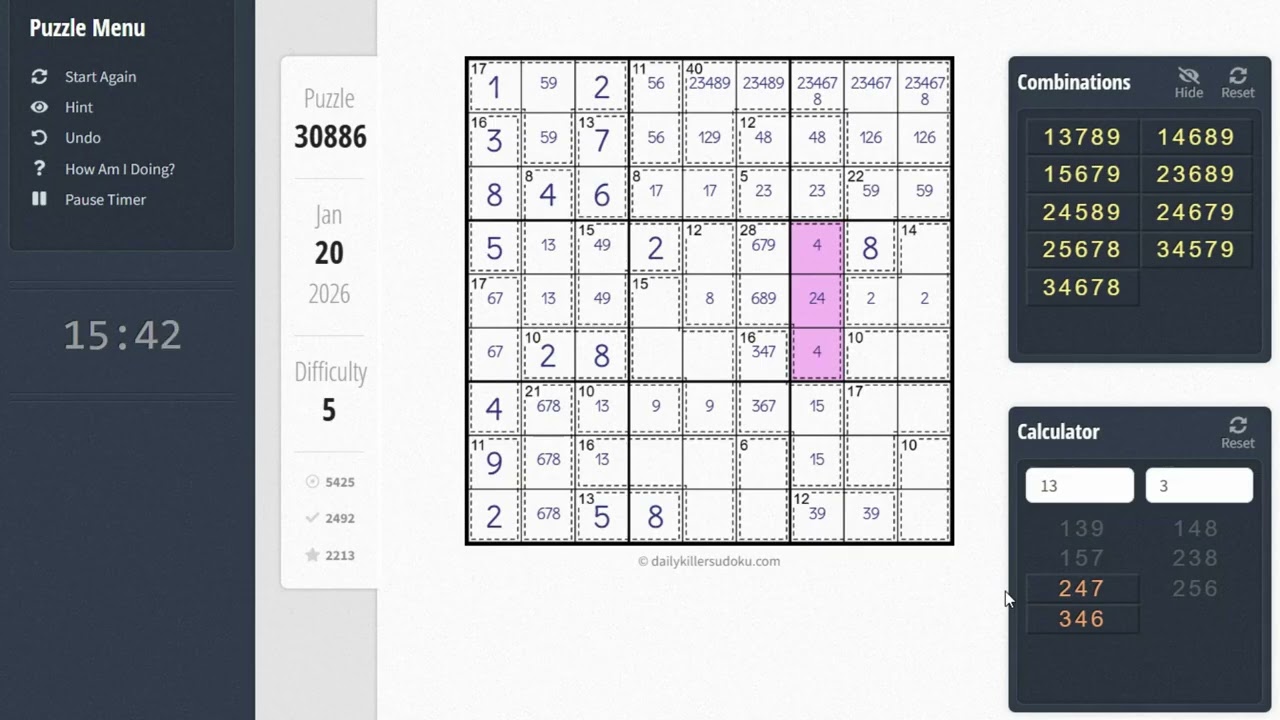 Sudoku recording 260120⭐️Daily Killer Sudoku - Difficulty 5⭐️Puzzle : 30886 #puzzle #sudoku #killer