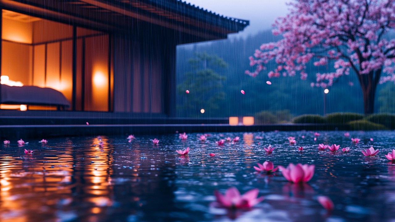 Floating Lotus Flowers in Gentle Rain 🌸 | Peaceful Garden Night with Soft Light