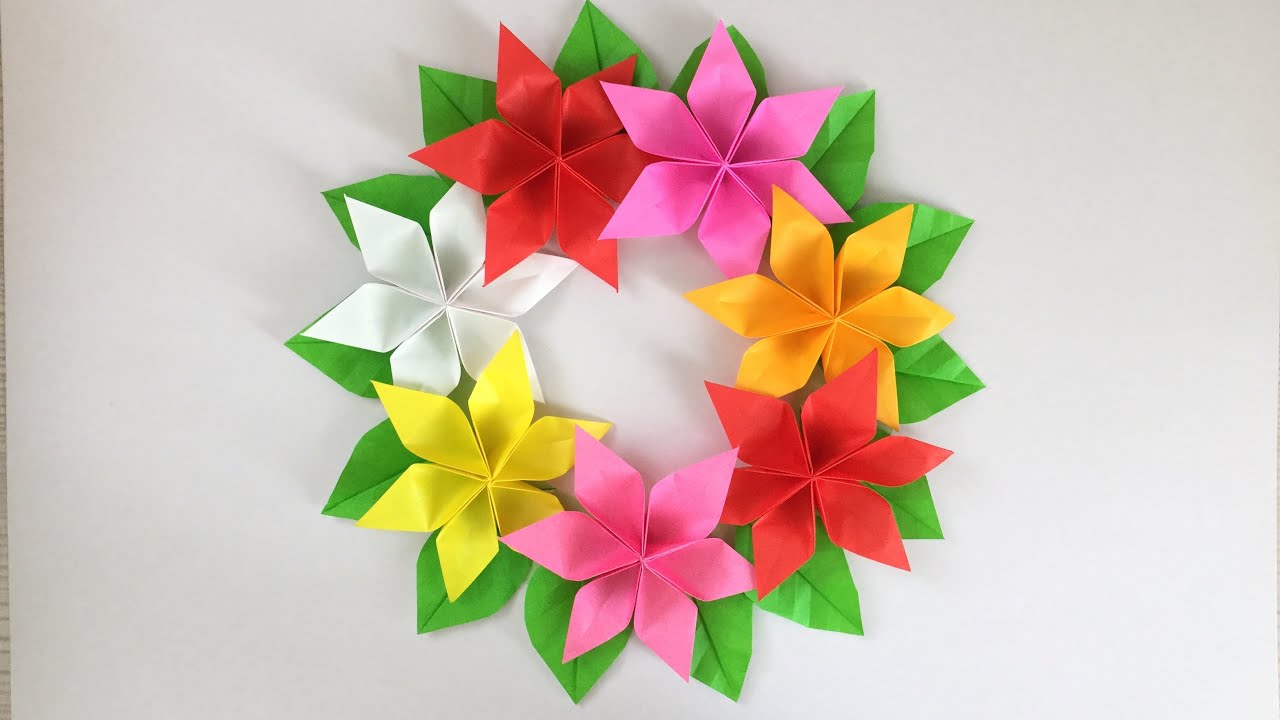 折り紙で作るトロピカルカラーのフラワーリース Origami Tropical color Flower wreath
