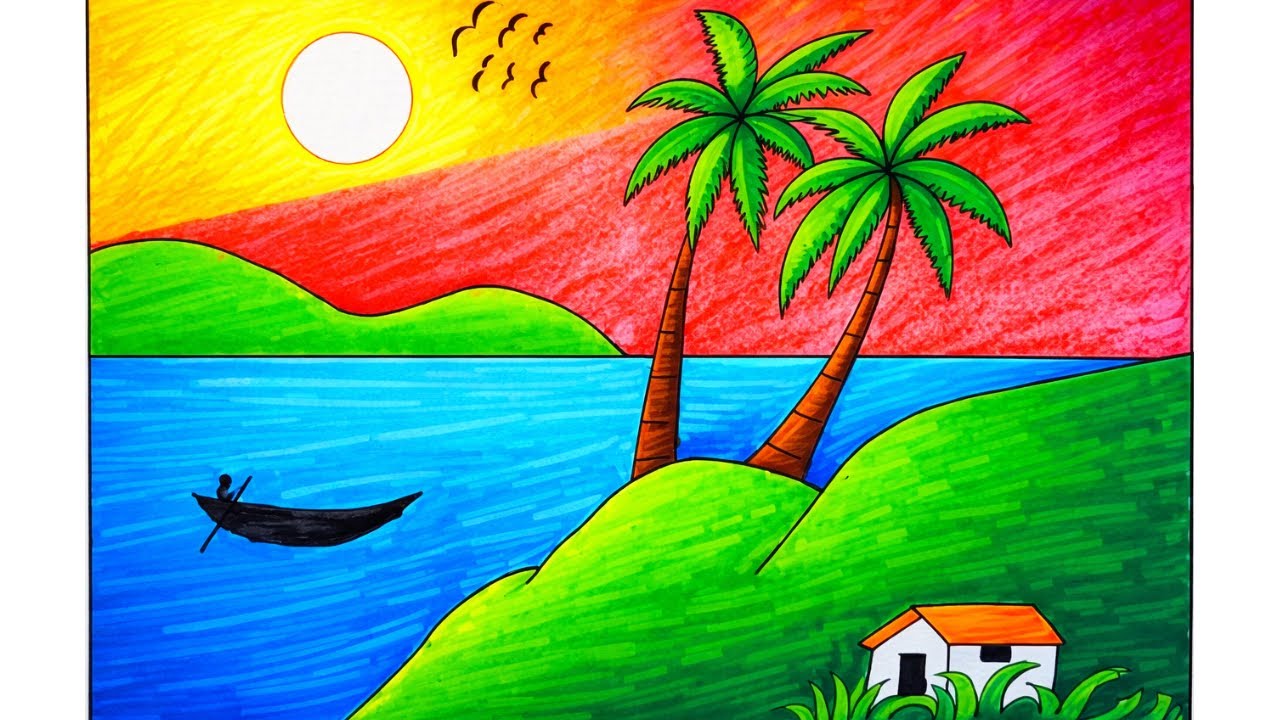 Simple sunset scenery drawing | step by step scenery drawing tutorial | easy sunset scenery drawing