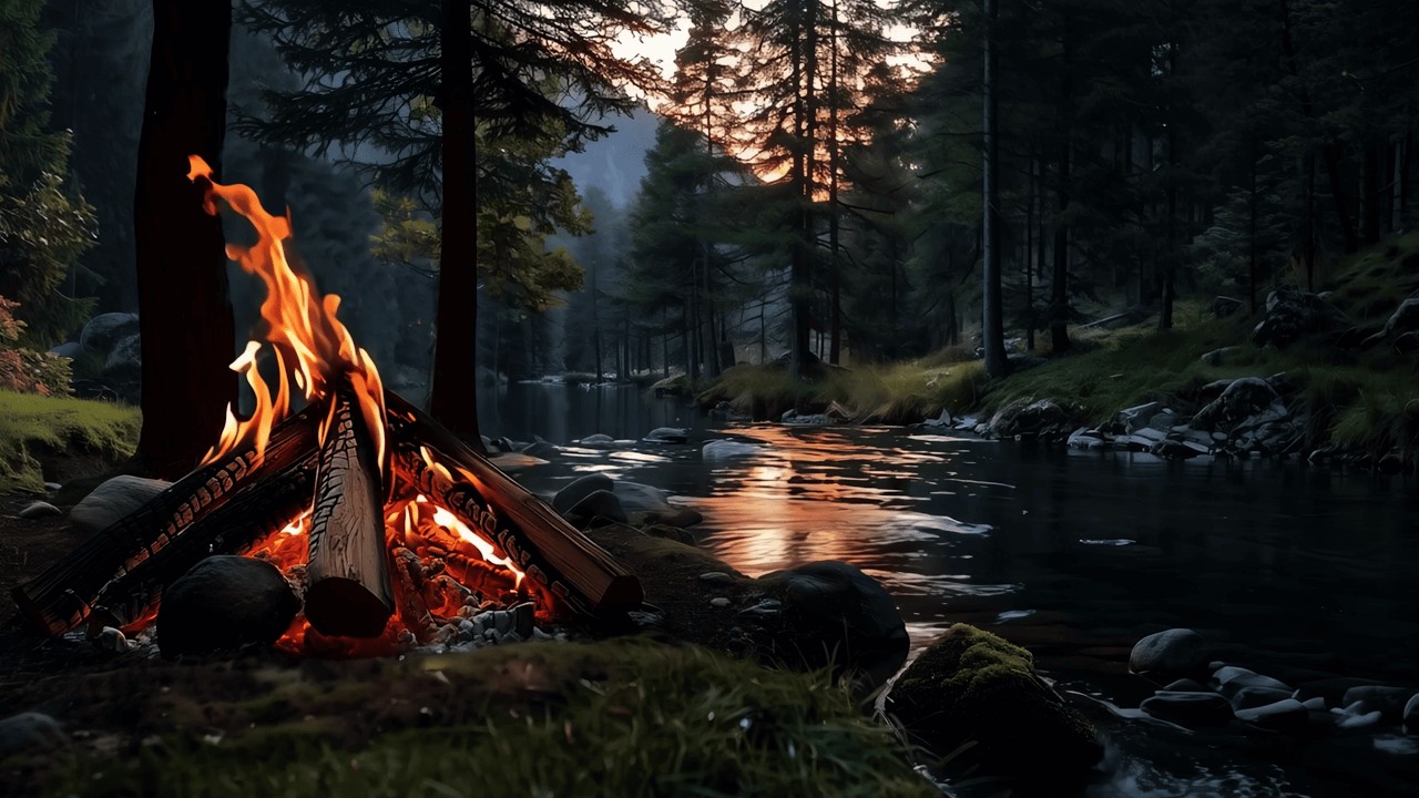 Peaceful Forest Riverside 4K 🌲🔥 Cozy Campfire & Natural Ambient Sounds