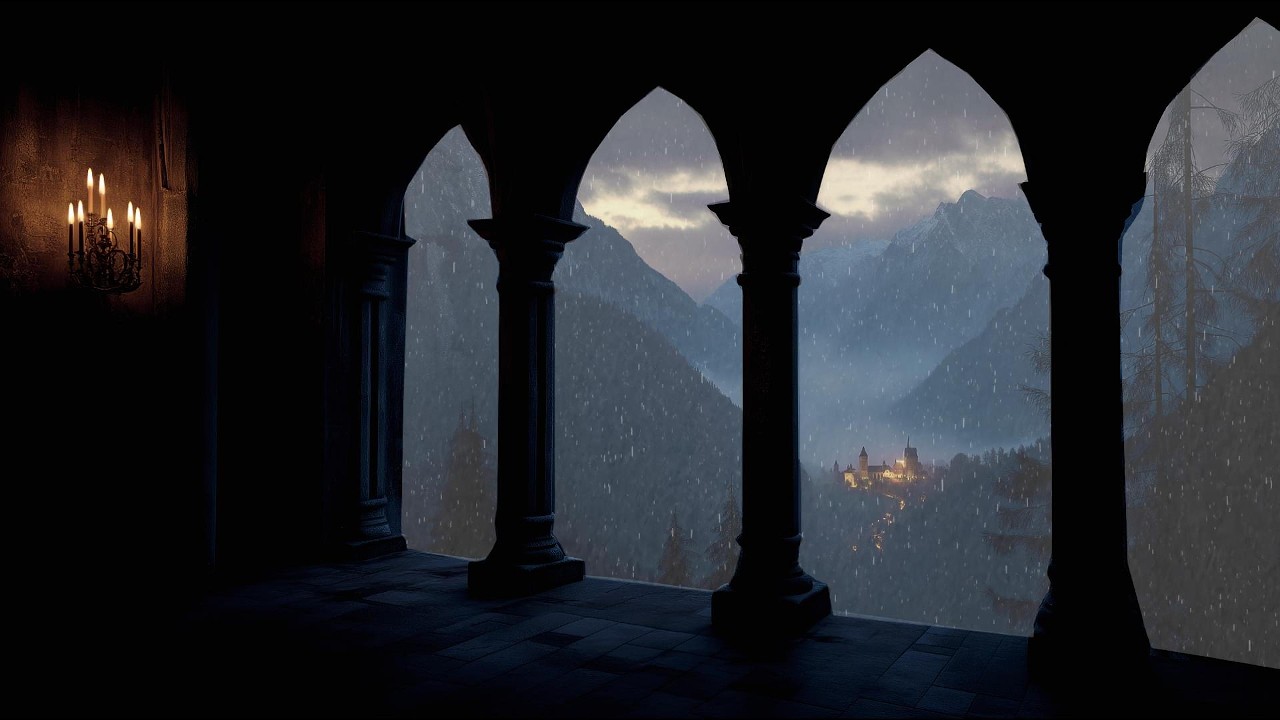 4K Rainy Medieval Castle Window View - Cozy Thunderstorm Sounds - Ambience for Reading Sleep Relax