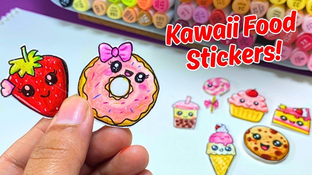 Making a Cute Kawaii Food Sticker Pack | DIY Handmade Stickers 🍓🍩🍦