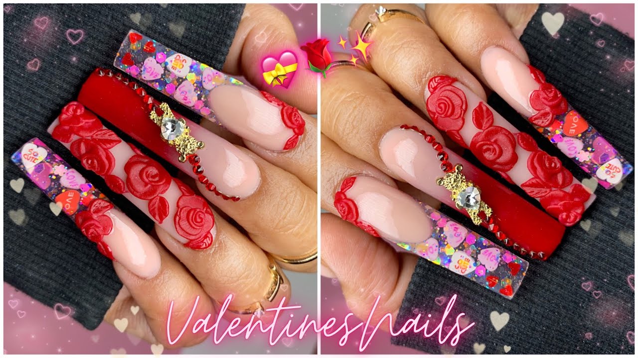 VALENTINES RED NAILS/ HOW TO 3D ROSES🌹 💖