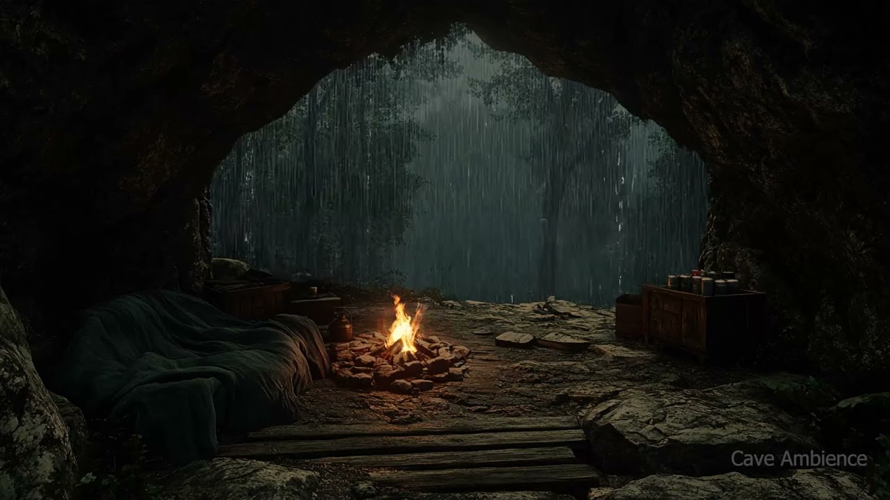 Thunderstorm Outside a Quiet Cave | Campfire & Rain Sounds for Study, Sleep and Inner Peace