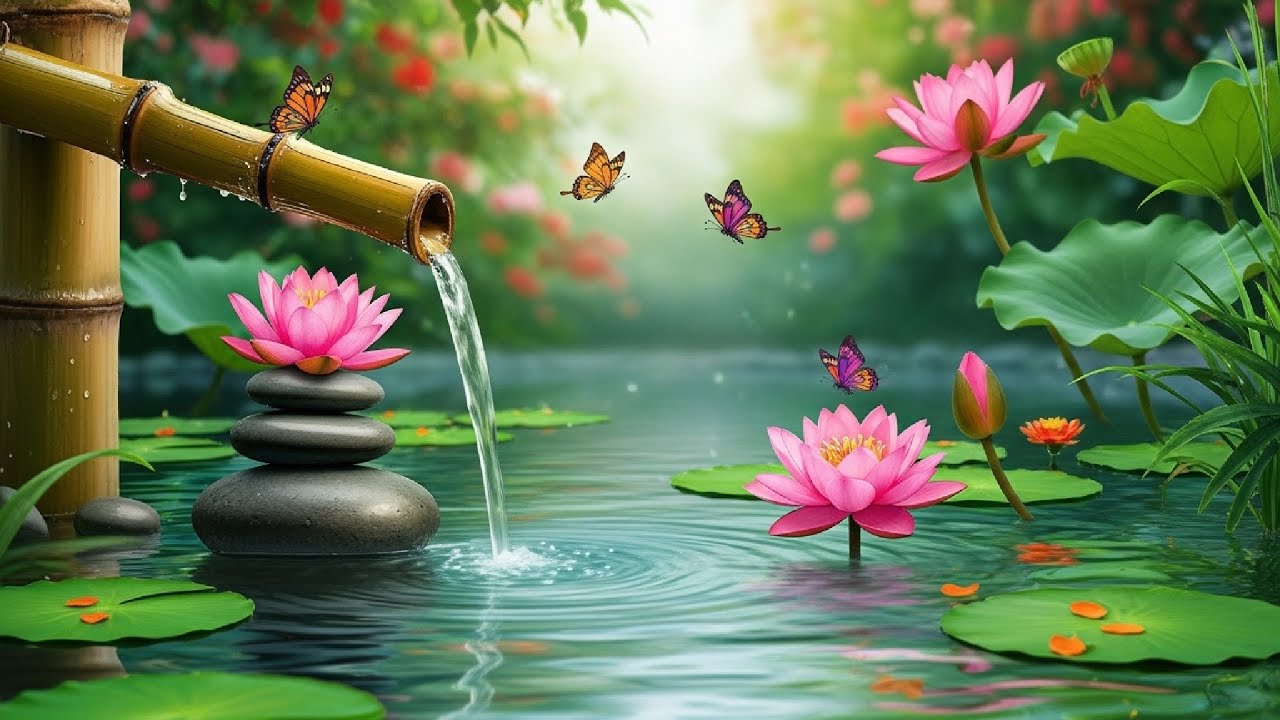 Peaceful Garden Music  Lotus Pond, Butterflies & Flowing Water