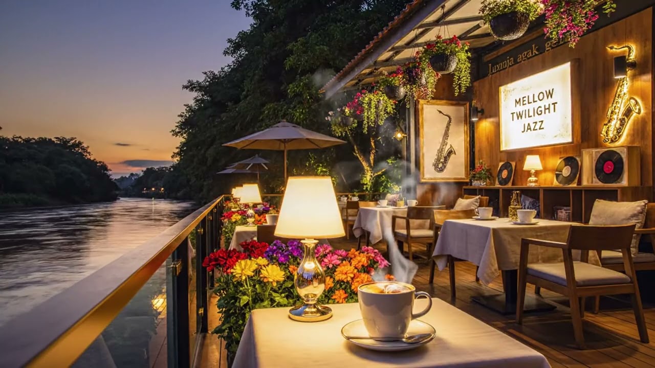 Spring River Cafe Jazz ☕🌸 4K Riverside Ambience for Study Sleep & Relaxing Moments