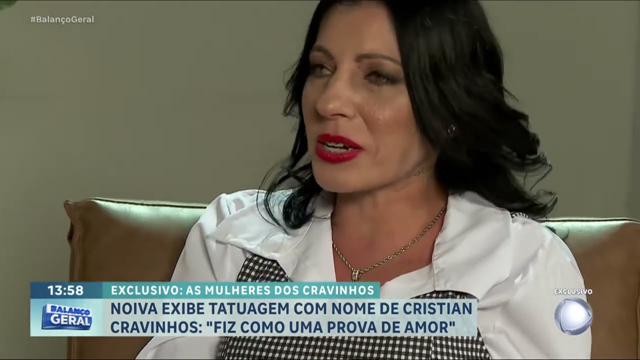Noiva de Cristian Cravinhos revela como se conheceram e exibe tatuagem com o nome dele no pescoço