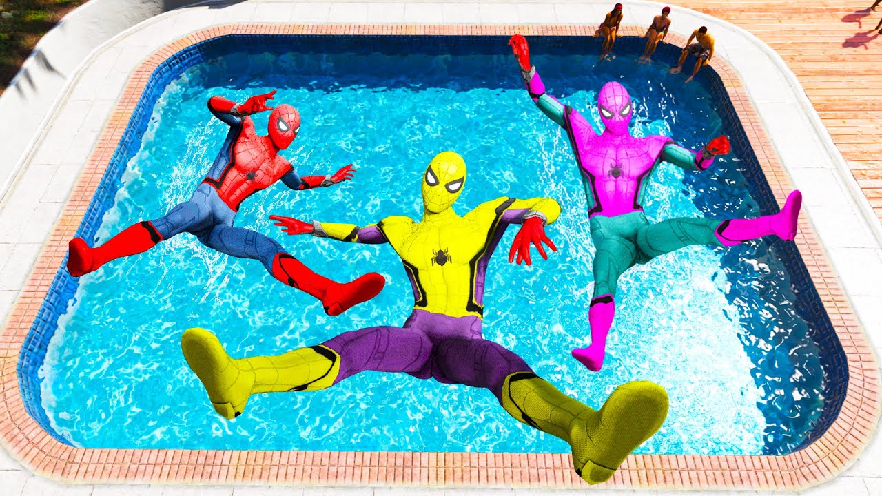 GTA 5 Rainbow Red Vs  Yellow & Pink Spiderman Jumping Into Pool (Euphoria Physics/Ragdolls) #3