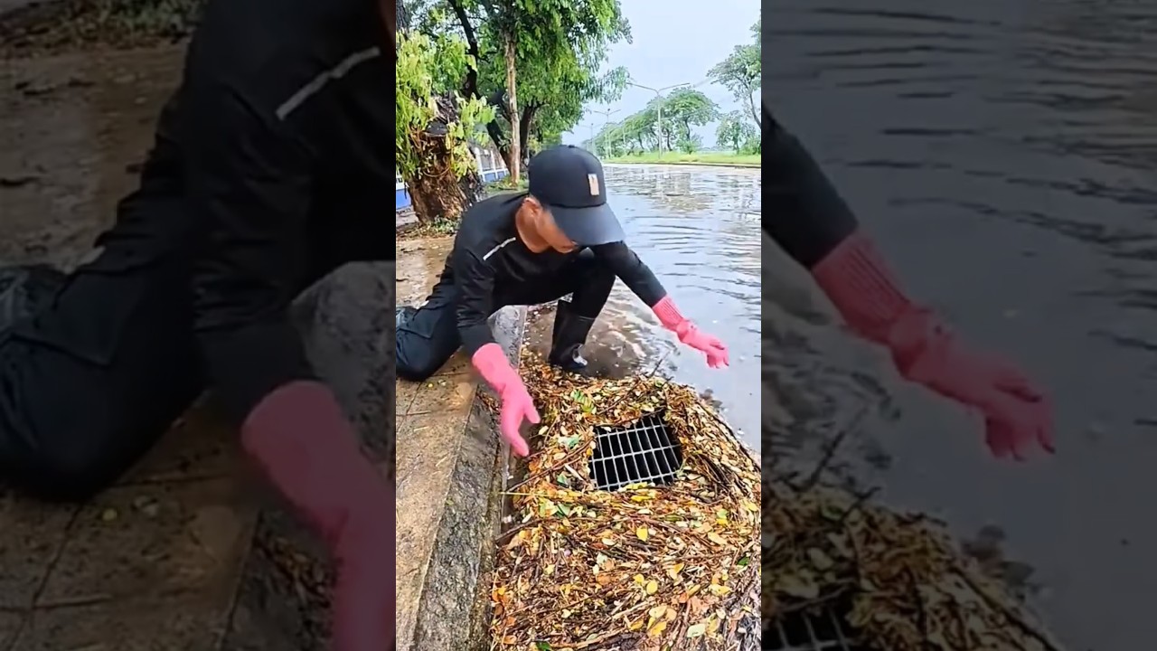 DRAIN RESCUE saves the flooded road 🌧️🧤💧 #shorts #tech #engineering #industrial #manufacturing