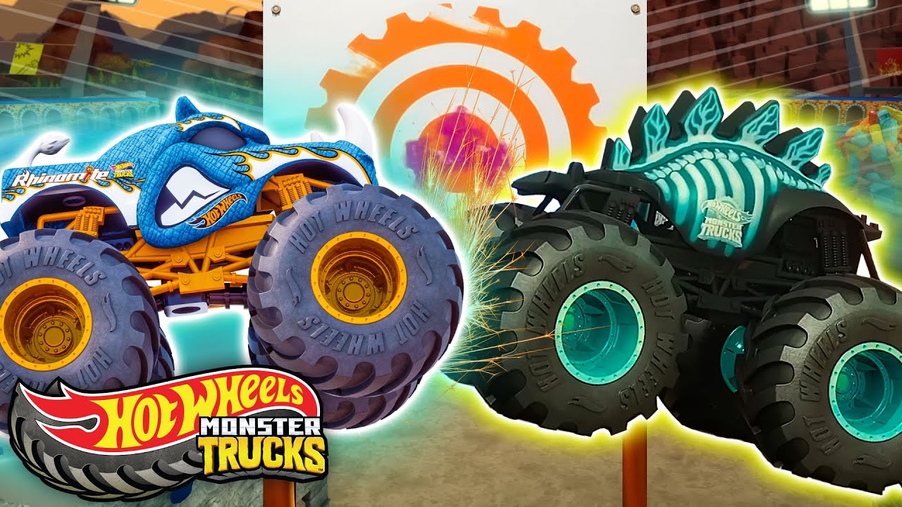Rhinomite and Motorsaurus Enter the Tiger Shark Spin Out Challenge! 💥 | Hot Wheels Monster Trucks