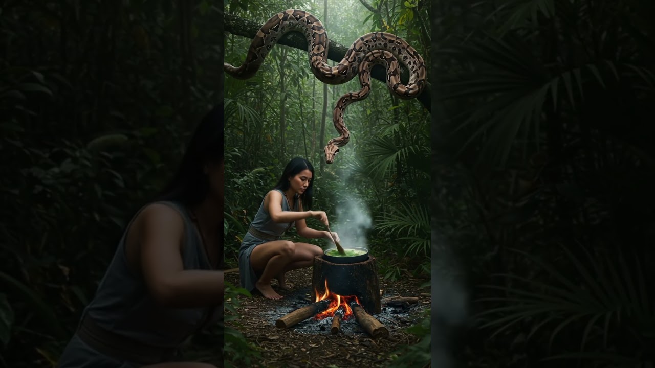 Jungle Survival Cooking with River Rocks | Wild Stew in Tree Trunk Pot & Boa Overhead