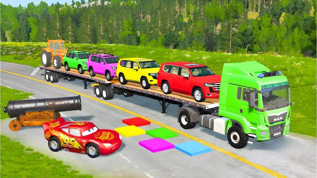 Flatbed Truck Mcqueen | Transportation with Truck - Pothole vs Car #3 - BeamNG.Drive