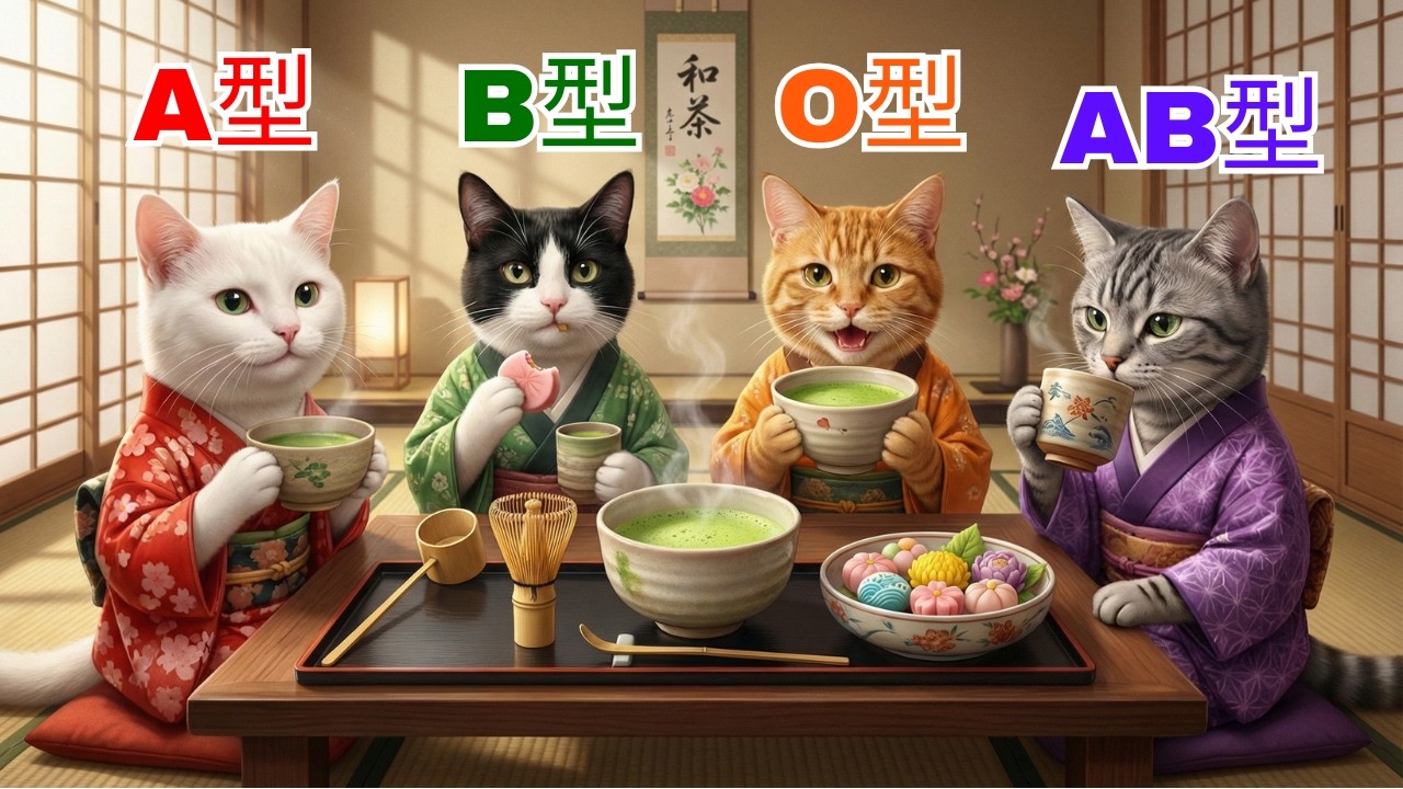 【血液型あるある】AI猫たちの「大人の茶会」入門🍵🌸 足が痺れて大惨事！？作法と性格の違い【こむぎの猫】