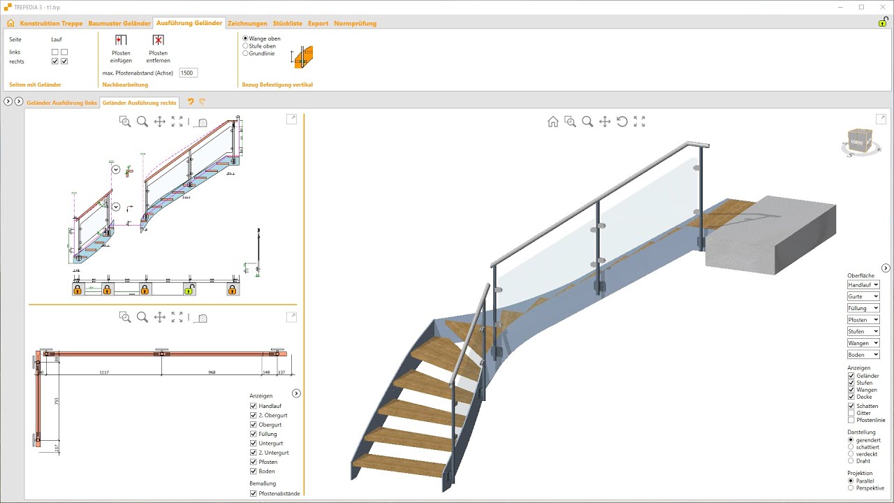 Treppe mit Geländer mit Glasfüllung