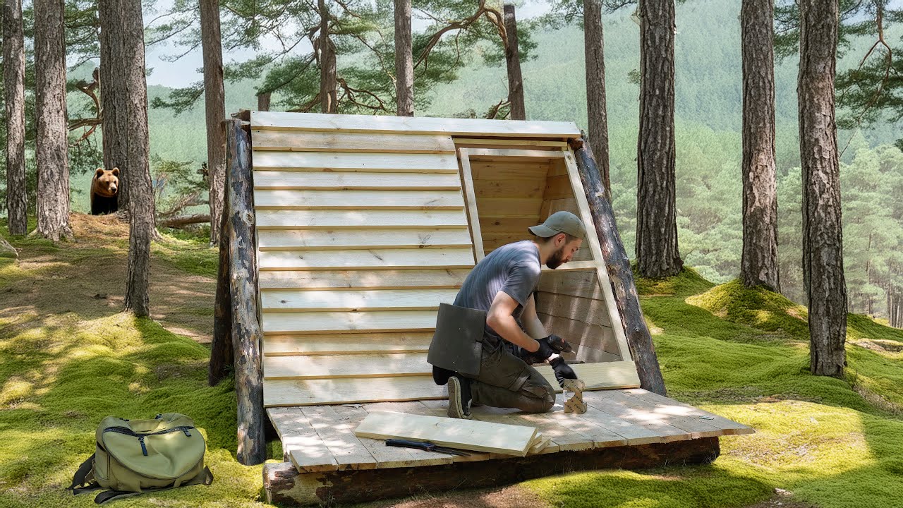 100 Hours Alone Building a Tiny Bushcraft Cabin in the Wild
