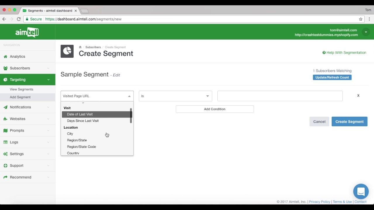 Creating a Segment with Aimtell