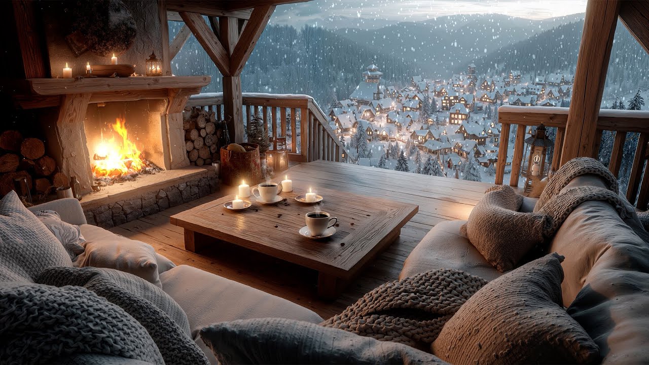 Snowy Day Jazz Café – Warm Fireplace Winter Ambience