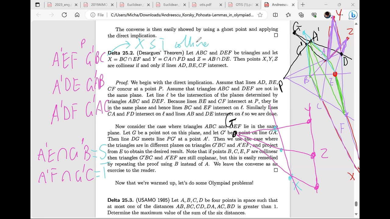 3D proof of Desargue's Theorem summarised