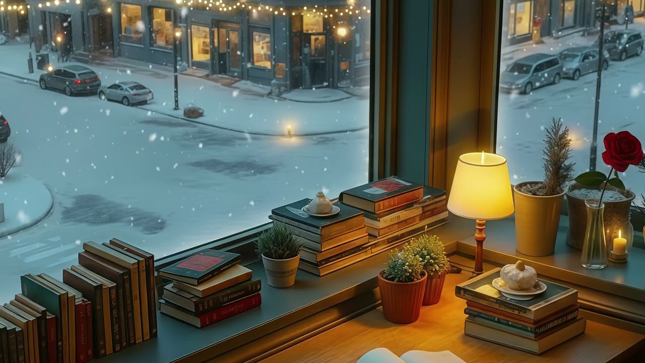 Soft Piano by a Cafe Window - Snowfall Outside | Cozy Winter Music for Relaxation