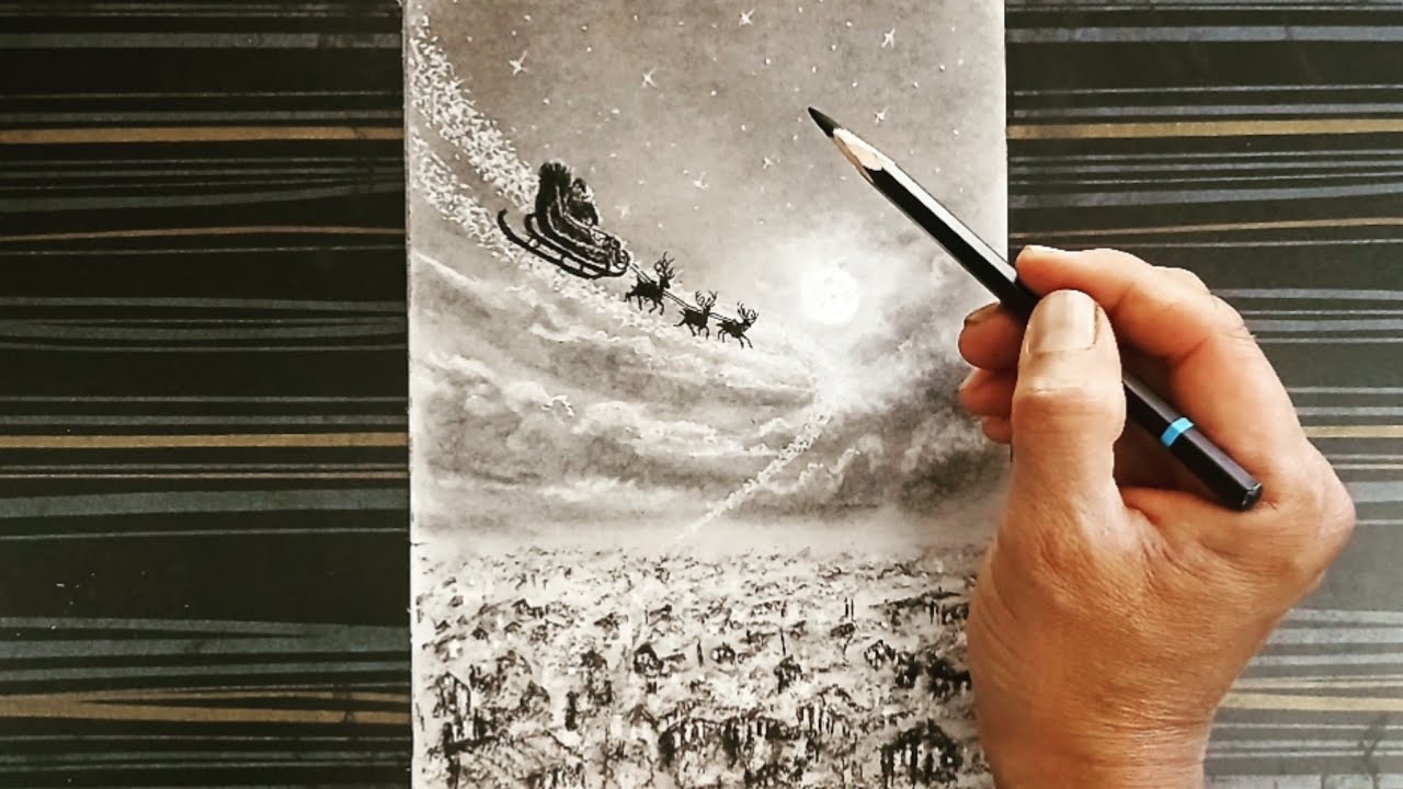 Christmas season night mode scenery with santa cluas chariot drawing.