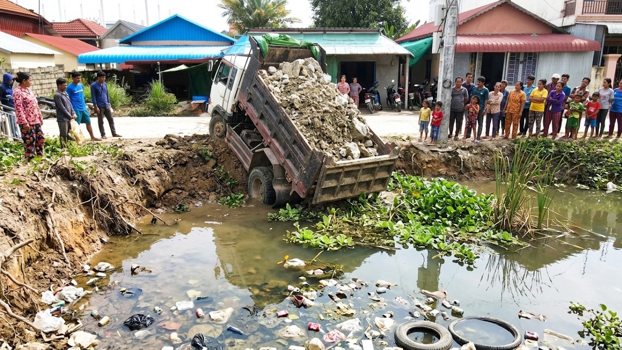 Stunning! A gravel transport squad and iron pusher tractor speedily wrap up clearing a boggy trash