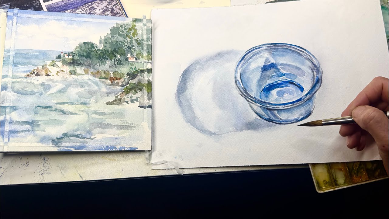 Real time, watercolor, painting, WIP’s Seascape from photo and dish from life