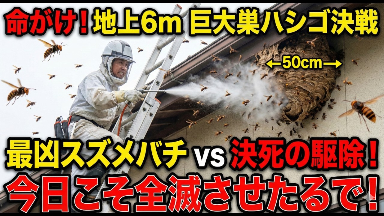 【信楽町朝宮】地上6mの軒下に巨大キイロの巣（幅50cm）。今日もやったるで！襲撃・危険（総攻撃シリーズ）第２回