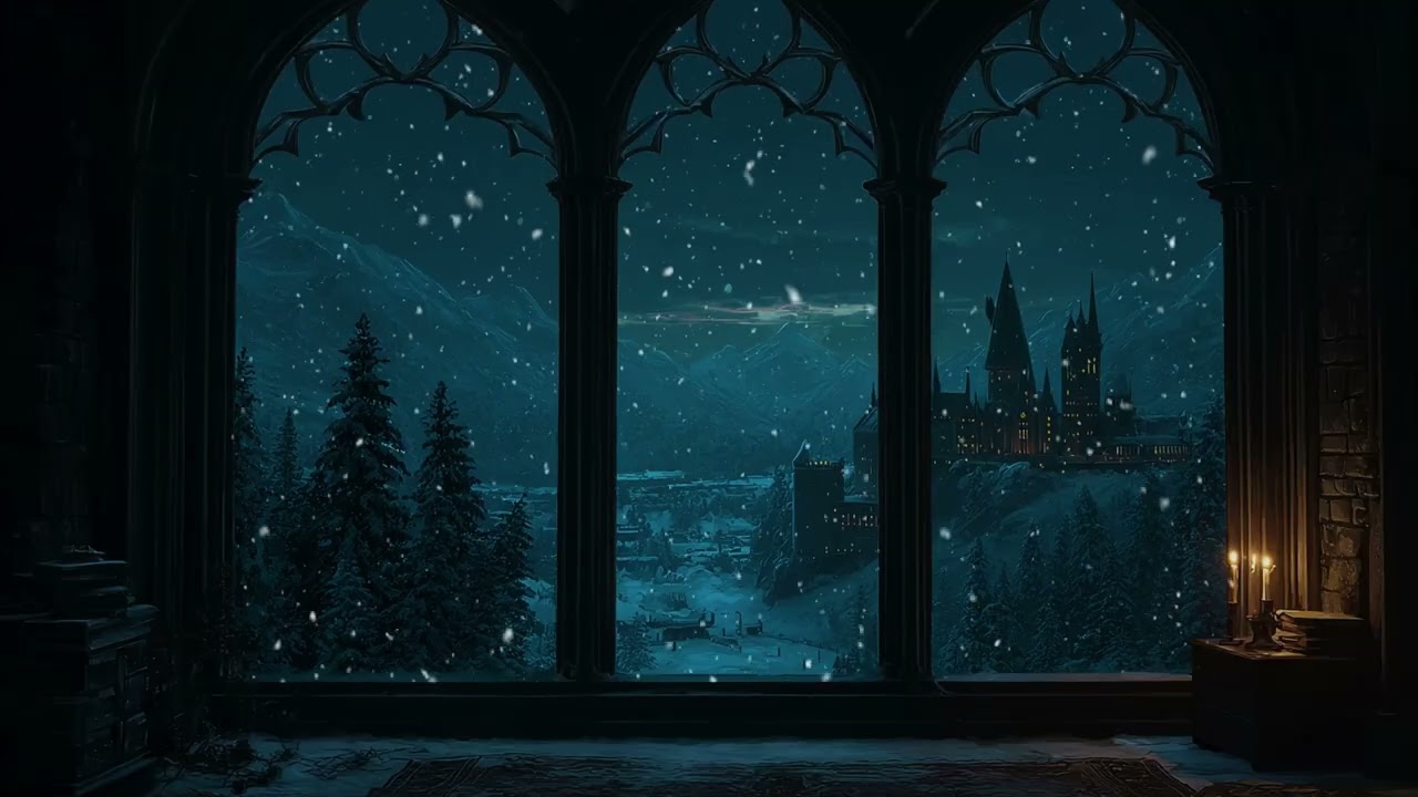 Hogwarts Winter Castle Window View | Calm Snowfall Ambience with Gentle Wind Sounds for Sleep