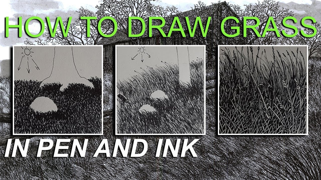 How to Draw Grass Tutorial, in Ink Pen, three step by step drawing examples
