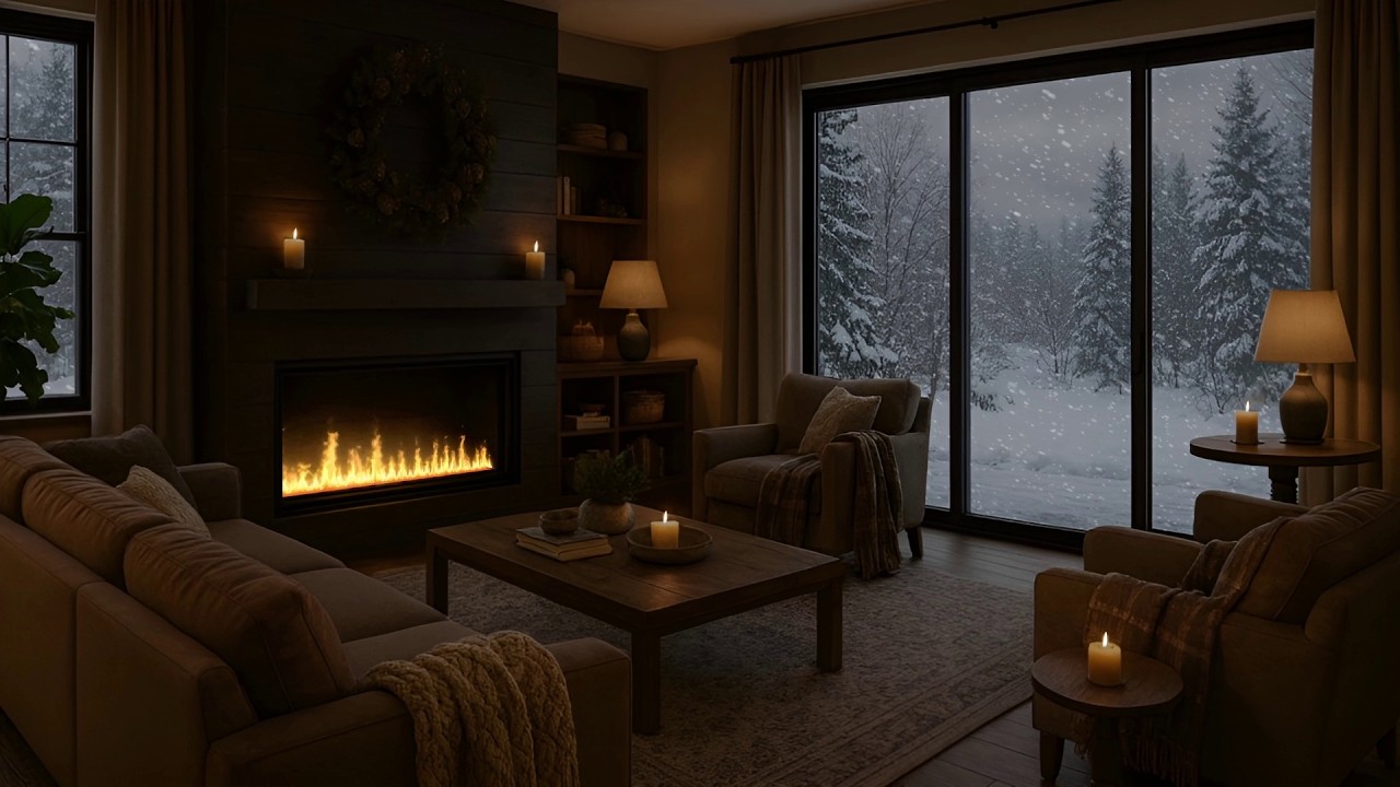 10 Hours of Cozy Fireplace & Heavy Snowfall at 