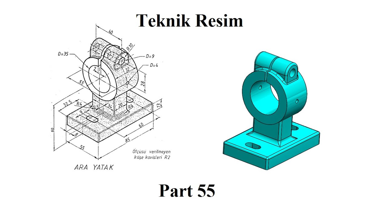 Solidworks tutorial Ex 55 Ara Yatak Model, Geometric Shape from Teknik Resim
