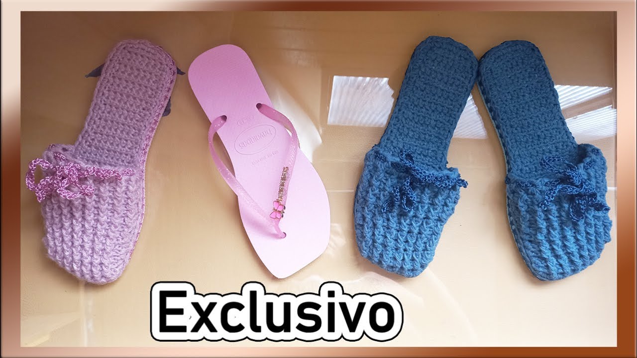Pantufa de crochê feita com barbante número 6, lã é linha de polipropileno em sola de havaianas.