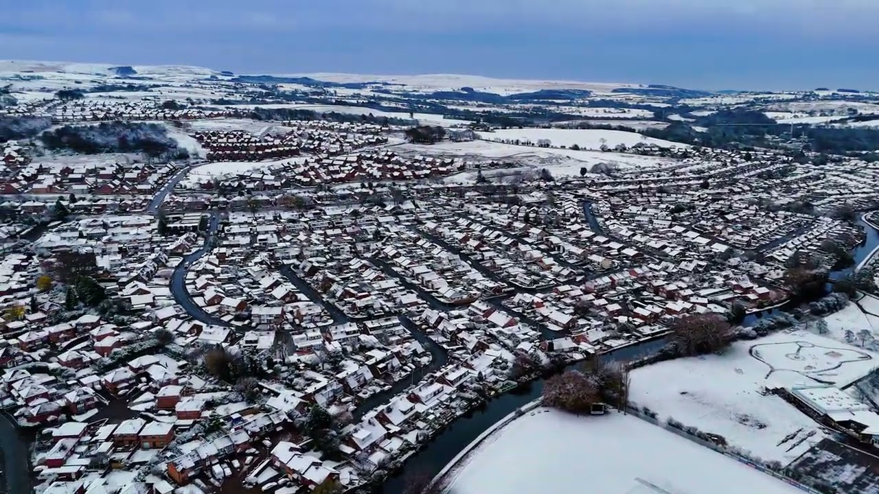 Cherry Tree and Feniscowles Blackburn covered with snow a view by drone in 4K Britain in the snow