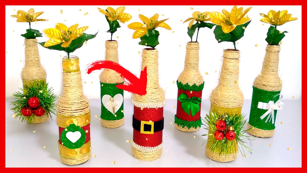 COMO FAZER GARRAFAS DE VIDRO DECORADAS NATALINAS COM EVA BRILHOSO! Excelente decoração de Natal!
