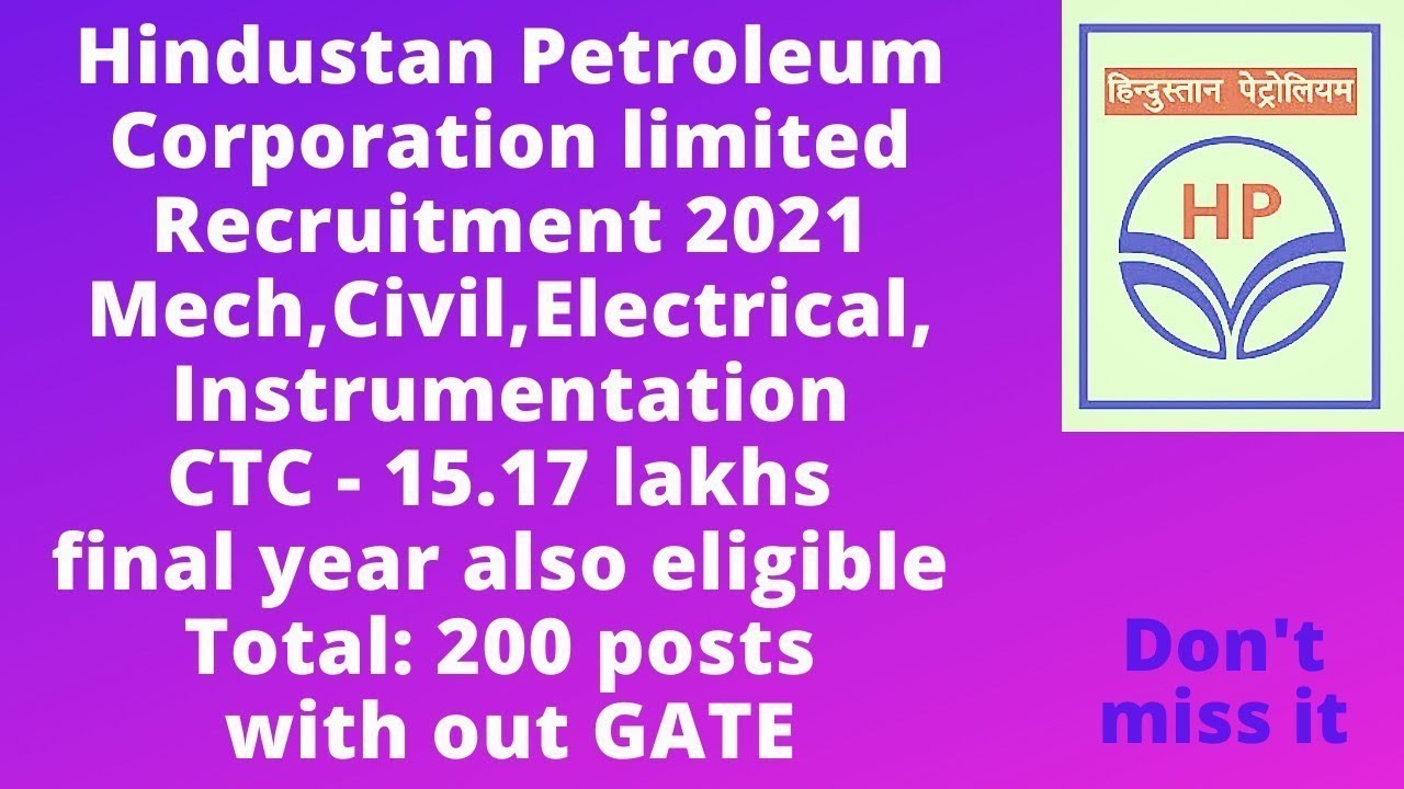 HPCL Recruitment 2021|No Gate|No negative marks|E2 grade Engineer Jobs|Final year eligible|Ctc-15lks