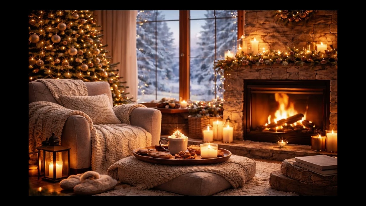 Cozy Fireplace Winter Ambience 🌨️🔥 | Soft Candlelight & Snow | Sleep & Relax