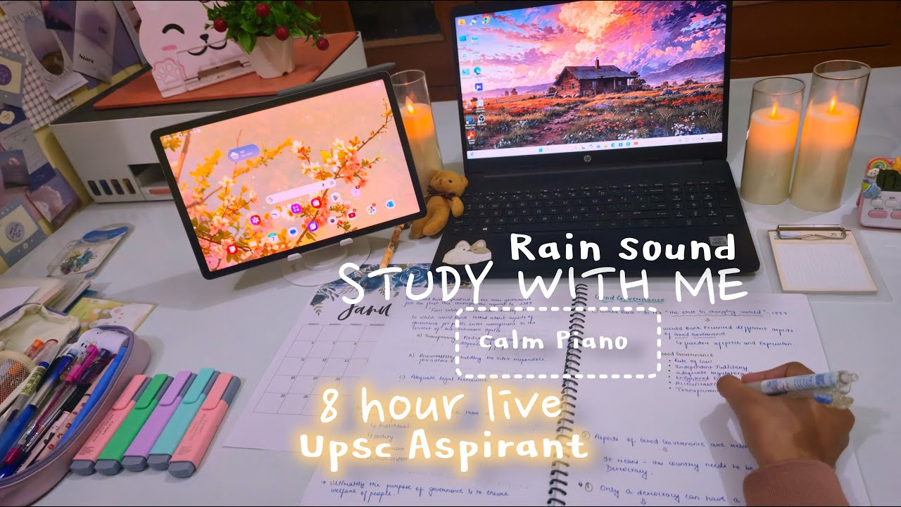 8 Hour Study With Me 🌧 |Rain Sound calmpiano| 50-10 Pomodoro | Deep Focus & Productivity| RimieStudy