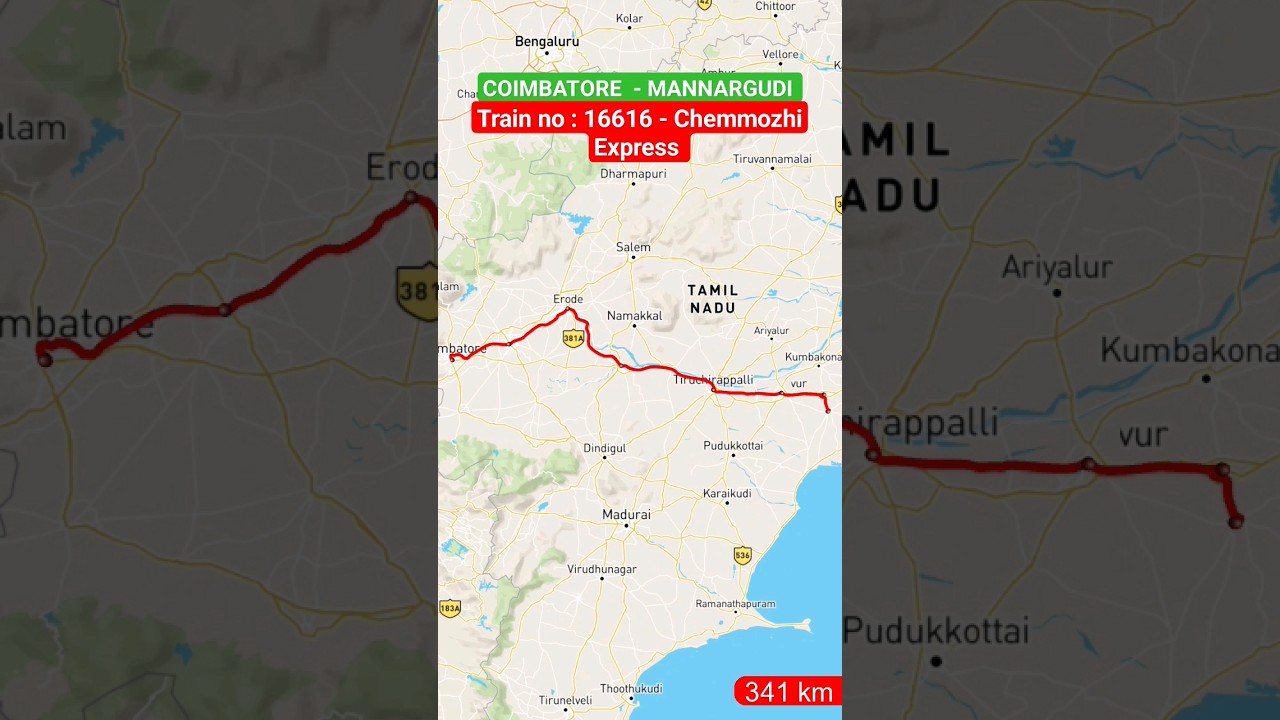 Coimbatore To Mannargudi l Train no : 16616 - Chemmozhi Express Train Route Map #shorts #shortsfeed