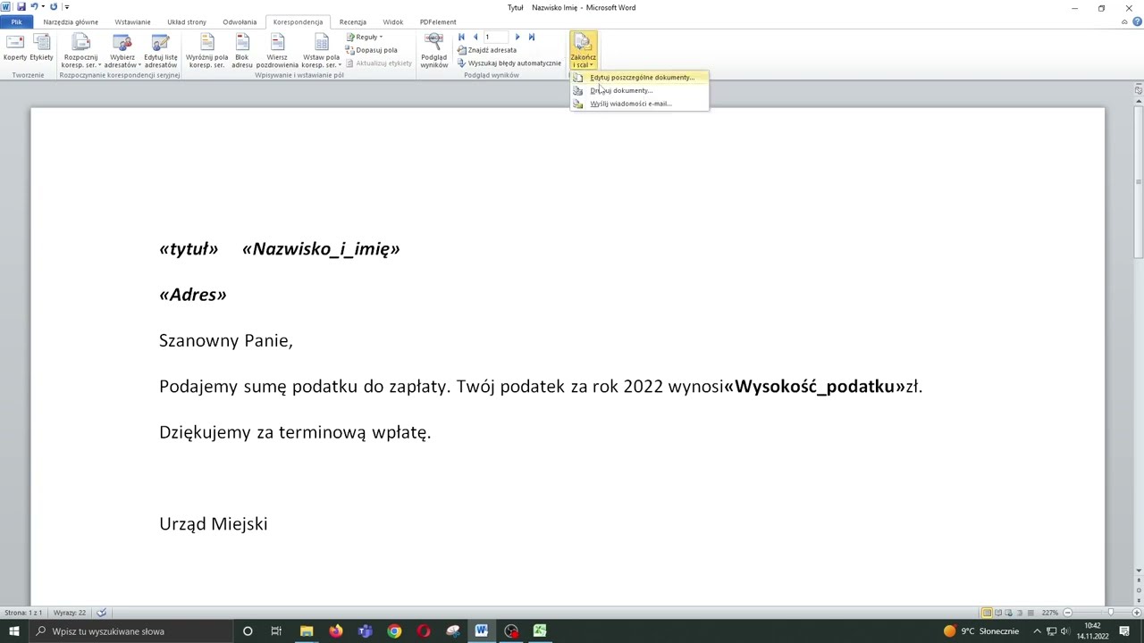 Korespondencja Seryjna MS Word, szablon, baza adres&oacute;w Excel