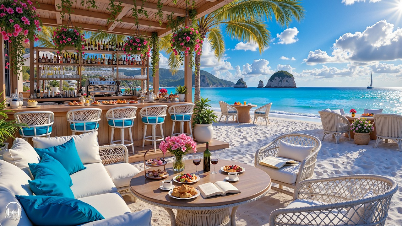 Cheerful Bossa Nova Jazz Music & Calming Ocean Waves at Beach Cafe Ambience for Relax, Work, Study