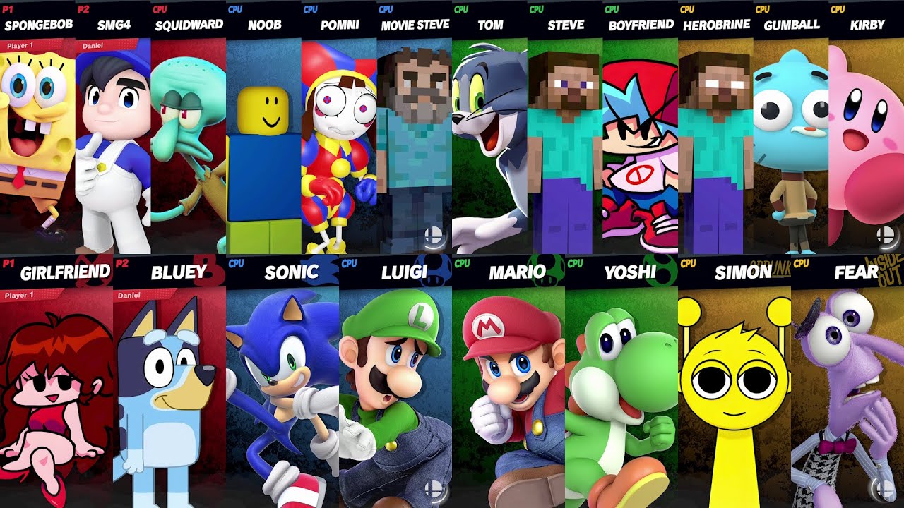 Sonic vs Tom VS Mario vs Bluey vs SpongeBob vs Girlfriend vs Roblox vs Minecraft | Super Smash Bros