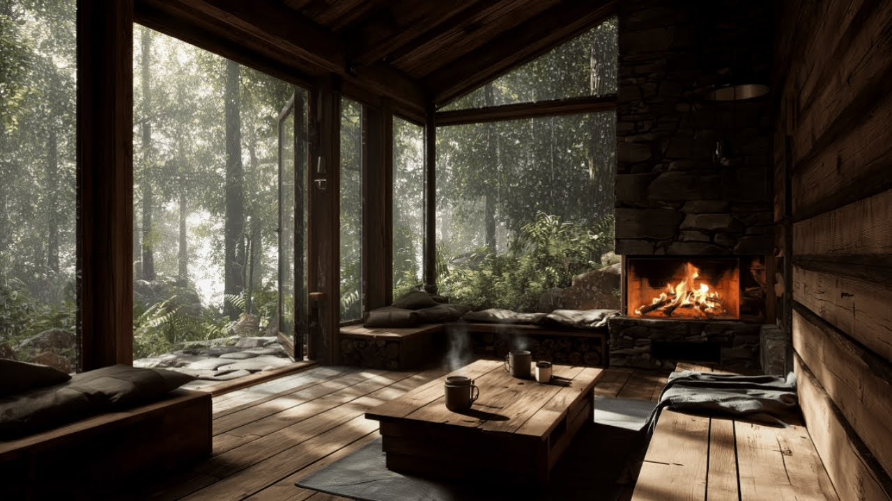 Cozy Fireplace Ambience with Rain & Thunder | 3 Hours 4K