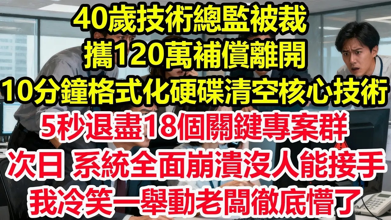 40歲技術總監被裁 ，攜120萬補償離開。10分鐘格式化硬碟清空核心技術，5秒退盡18個關鍵專案群。次日，系統全面崩潰沒人能接手，我冷笑一舉動老闆徹底懵了#情感 #爽文 #職場 #生活 #總裁