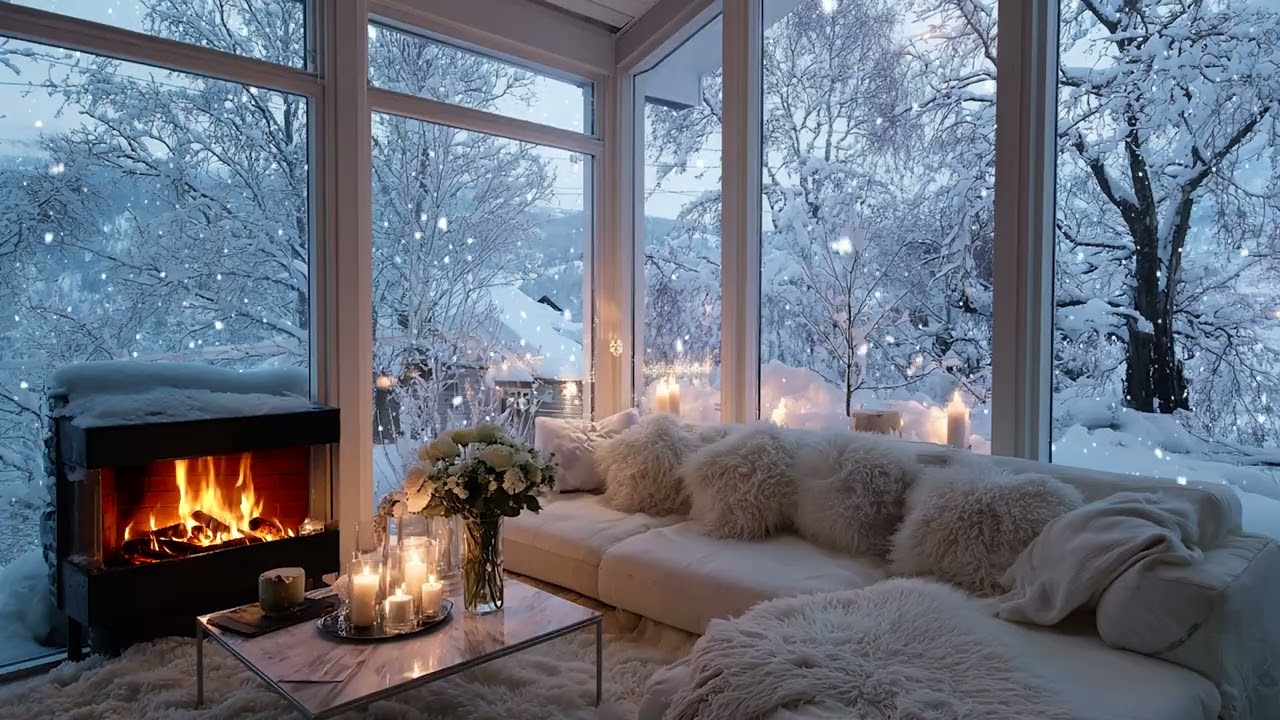 Calm Snowfall Piano Lounge | White Floral Room and Firelight Stress Relief