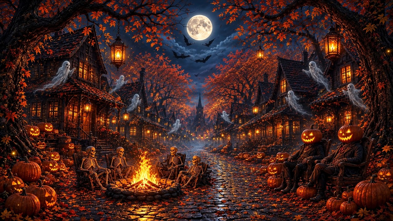 Relaxing Halloween Ambience 2026 🎃 Spooky Autumn Village Street 👻 Haunted Sounds & Halloween Music