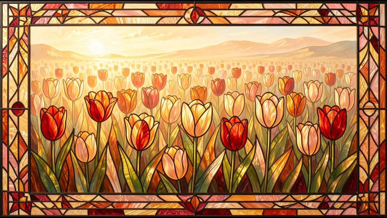 Golden Sunrise Tulip in Stained Glass Impression Style frame tv art 4k with music | tv screensaver