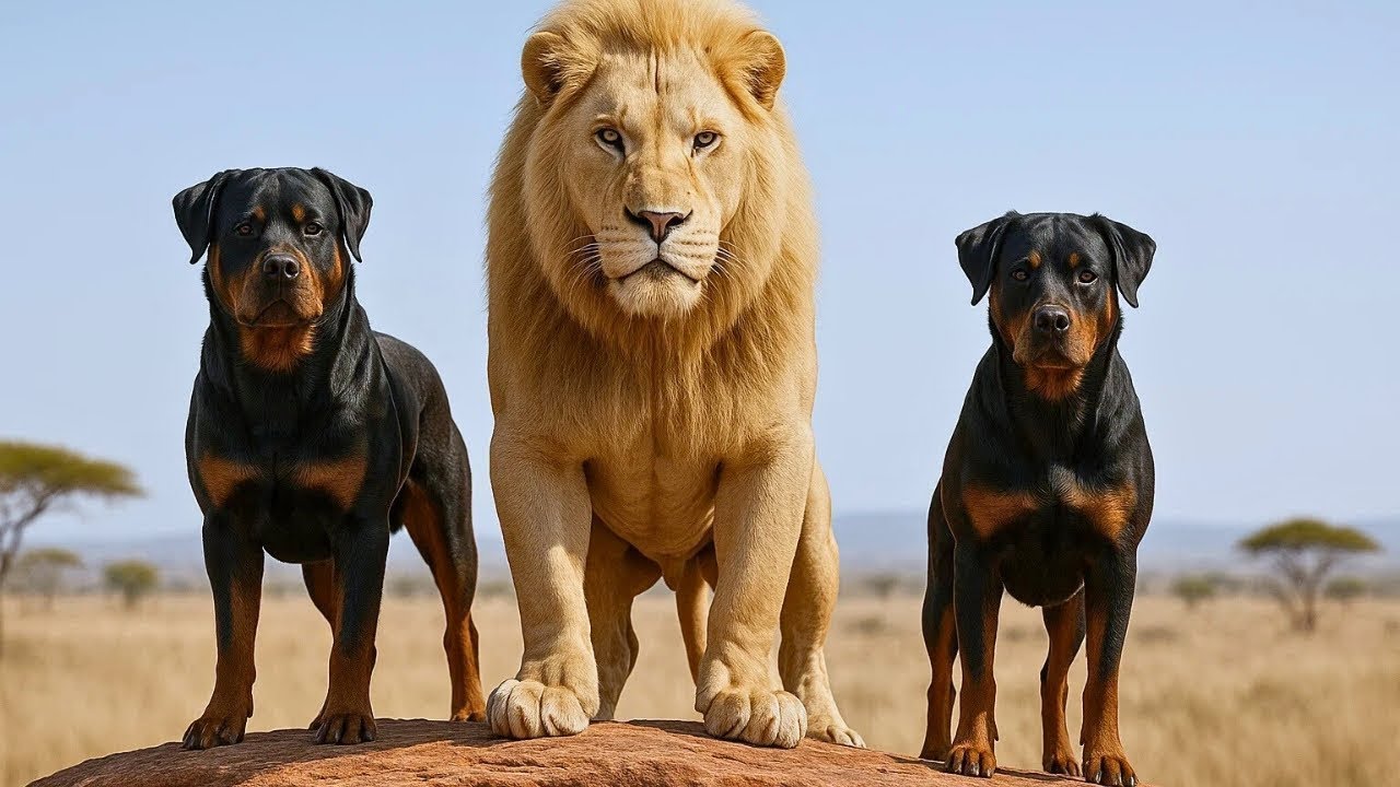 Kaksi rottweileria adoptoi kuolevan valkoisen leijonan – hänen tekonsa hämmästytti kaikki
