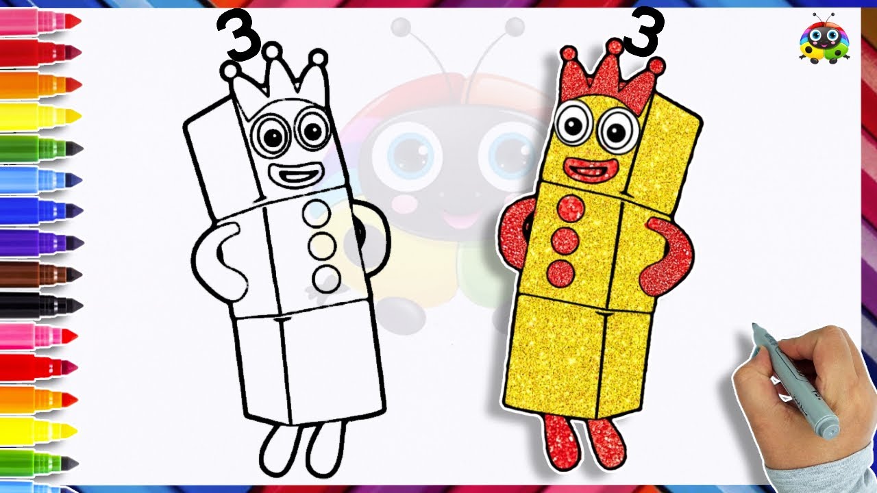 How To Draw NUMBERBLOCK 3 Coloring For kids Glitters | Learn Numberblocks Drawings Tutorials Easy