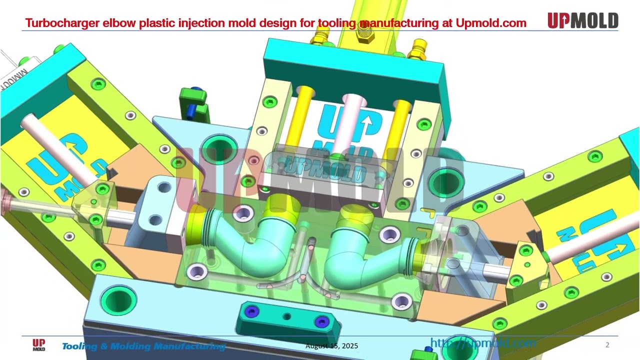 Turbocharger elbow plastic injection mold design for tooling manufacturing at Upmold.com